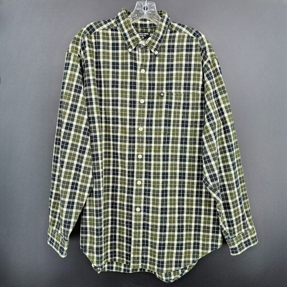 Ralph Lauren Jeans Co Button Down Shirt L Thick Cotton Blue Green Plaid Shacket